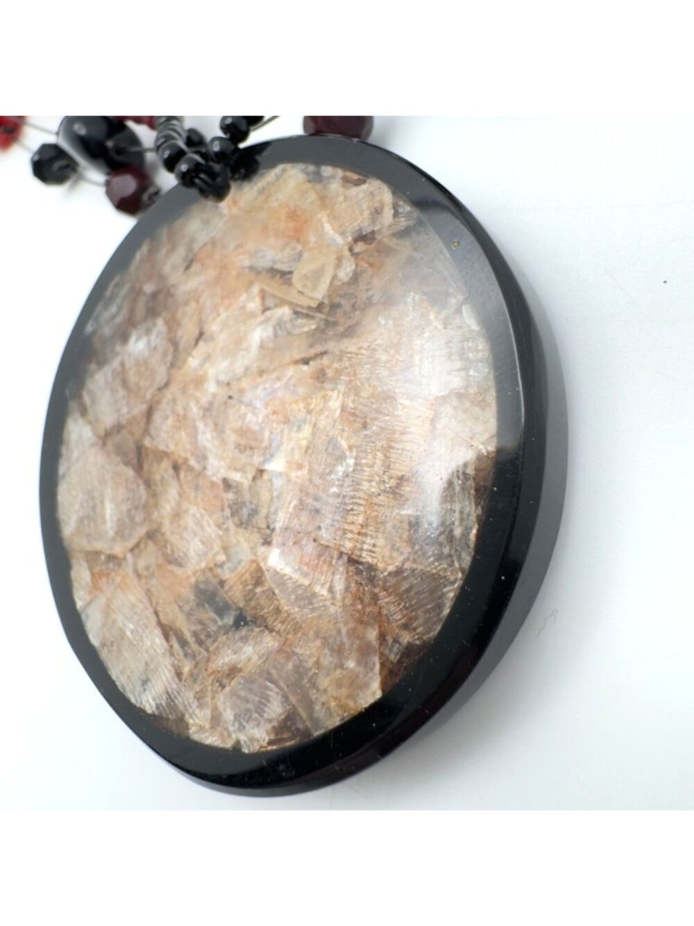 Chicos Gray Black Red Beaded Statement Necklace Pink Mica Acrylic Pendant Chain - Picture 2 of 11